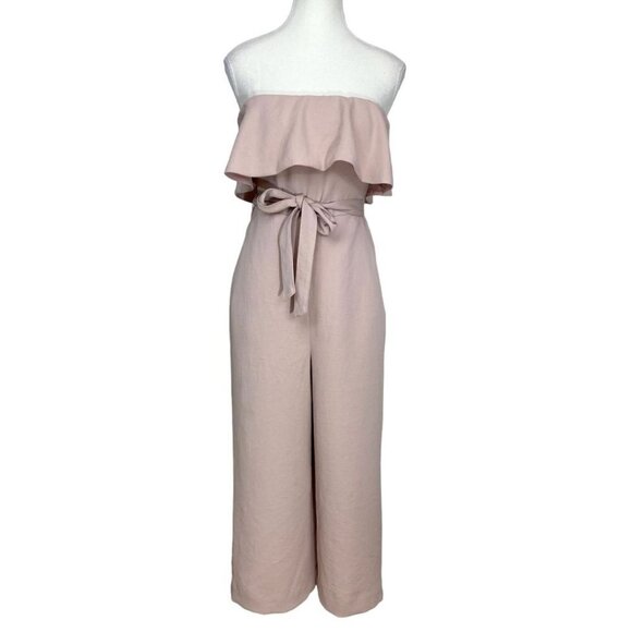 ARITZIA BABATON SOFT PINK STRAPLESS NEW FLUTTER WIDE CROPPED LEG BELTED JUMPSUIT - Picture 2 of 12
